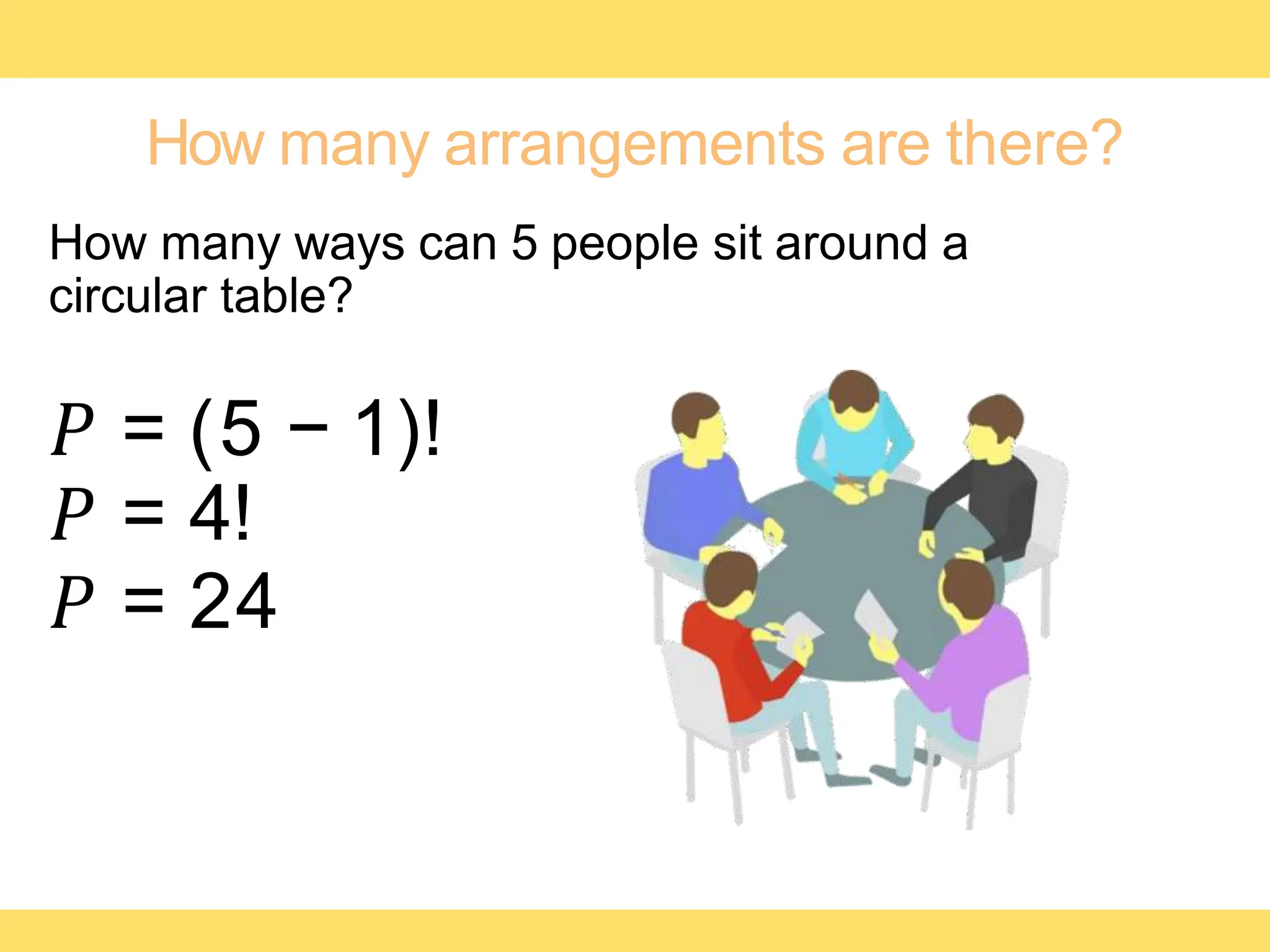 How many arrangements are there?
How many ways can 5 people sit around a
circular table?
𝑃 = (5 − 1)!
𝑃 = 4!
𝑃 = 24
 