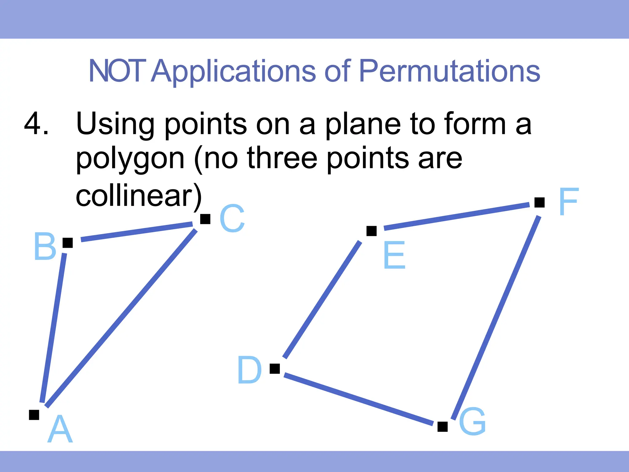 NOTApplications of Permutations
4. Using points on a plane to form a
polygon (no three points are
collinear) .
.
. . .
B
A
C
D.
E
.G
F
 