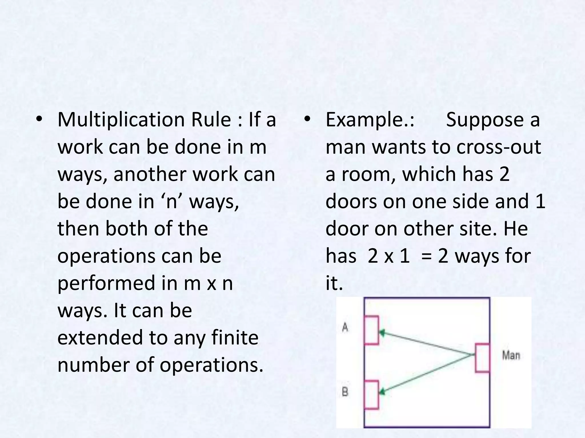 • Multiplication Rule : If a   • Example.: Suppose a
  work can be done in m          man wants to cross-out
  ways, another work can         a room, which has 2
  be done in ‘n’ ways,           doors on one side and 1
  then both of the               door on other site. He
  operations can be              has 2 x 1 = 2 ways for
  performed in m x n             it.
  ways. It can be
  extended to any finite
  number of operations.
 