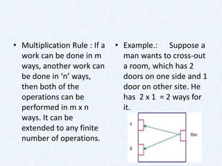 • Multiplication Rule : If a   • Example.: Suppose a
  work can be done in m          man wants to cross-out
  ways, another work can         a room, which has 2
  be done in ‘n’ ways,           doors on one side and 1
  then both of the               door on other site. He
  operations can be              has 2 x 1 = 2 ways for
  performed in m x n             it.
  ways. It can be
  extended to any finite
  number of operations.
 