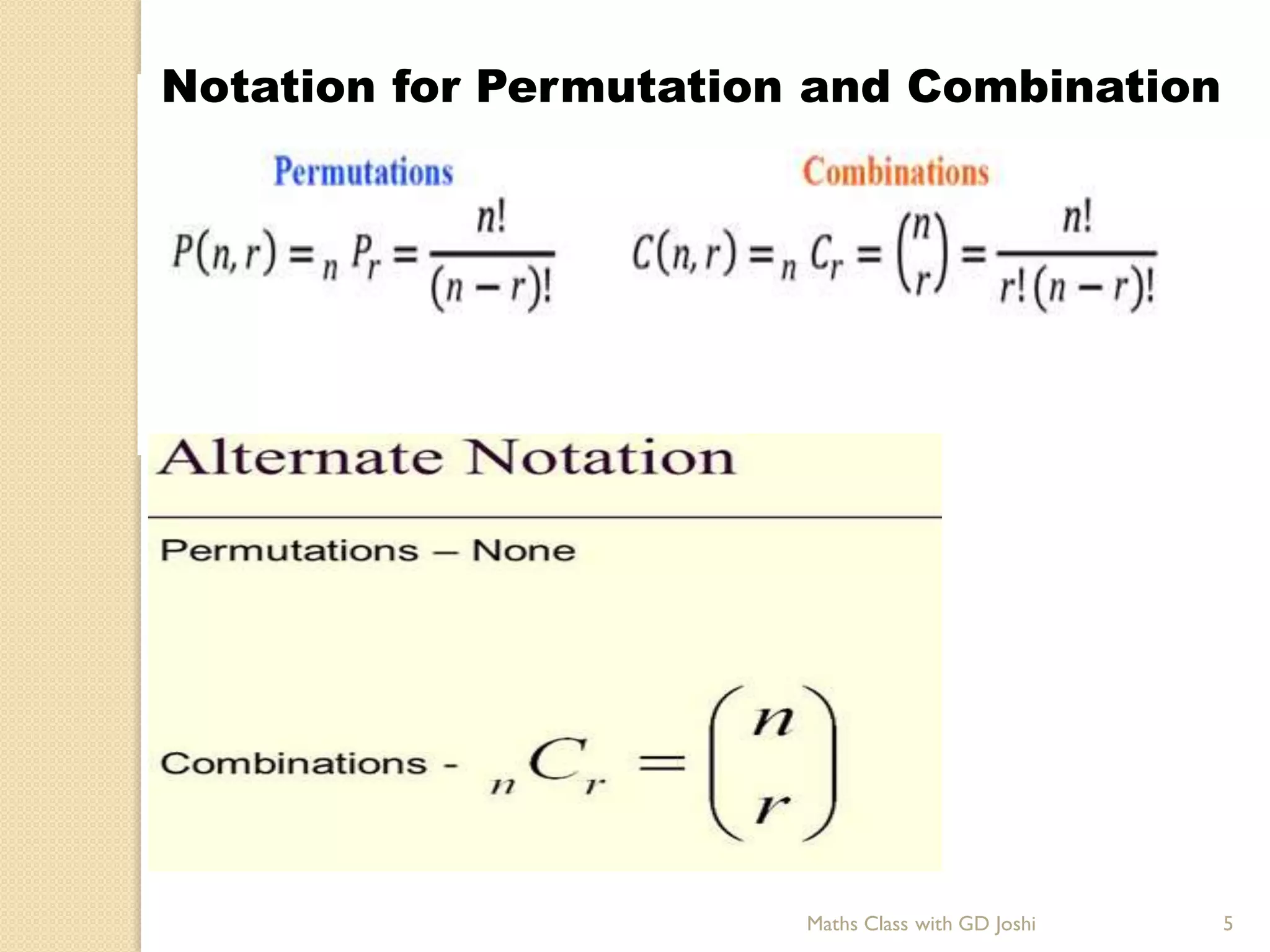 Maths Class with GD Joshi 5
Notation for Permutation and Combination
 