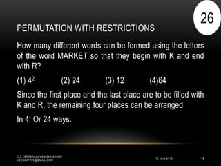 PERMUTATION WITH RESTRICTIONS
12 June 2015
C.S.VEERARAGAVAN 9894834264
VEERAA1729@GMAIL.COM
14
How many different words can be formed using the letters
of the word MARKET so that they begin with K and end
with R?
(1) 42 (2) 24 (3) 12 (4)64
Since the first place and the last place are to be filled with
K and R, the remaining four places can be arranged
In 4! Or 24 ways.
26
 