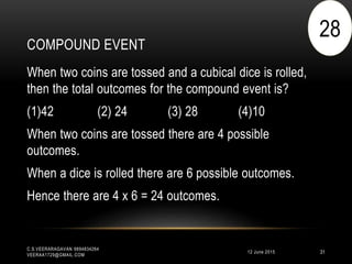 COMPOUND EVENT
12 June 2015
C.S.VEERARAGAVAN 9894834264
VEERAA1729@GMAIL.COM
31
When two coins are tossed and a cubical dice is rolled,
then the total outcomes for the compound event is?
(1)42 (2) 24 (3) 28 (4)10
When two coins are tossed there are 4 possible
outcomes.
When a dice is rolled there are 6 possible outcomes.
Hence there are 4 x 6 = 24 outcomes.
28
 
