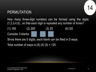PERMUTATION
12 June 2015
C.S.VEERARAGAVAN 9894834264
VEERAA1729@GMAIL.COM
9
How many three-digit numbers can be formed using the digits
{1,2,3,4,5} , so that each digit is repeated any number of times?
(1) 150 (2) 200 (3) 25 (4)125
Consider 3 blanks
Since there are 5 digits, each blank can be filled in 5 ways.
Total number of ways is (5) (5) (5) = 125.
14
 