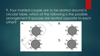 9. Four married couple are to be seated around a
circular table, which of the following is the possible
arrangement if spouses are seated opposite to each
other?
 