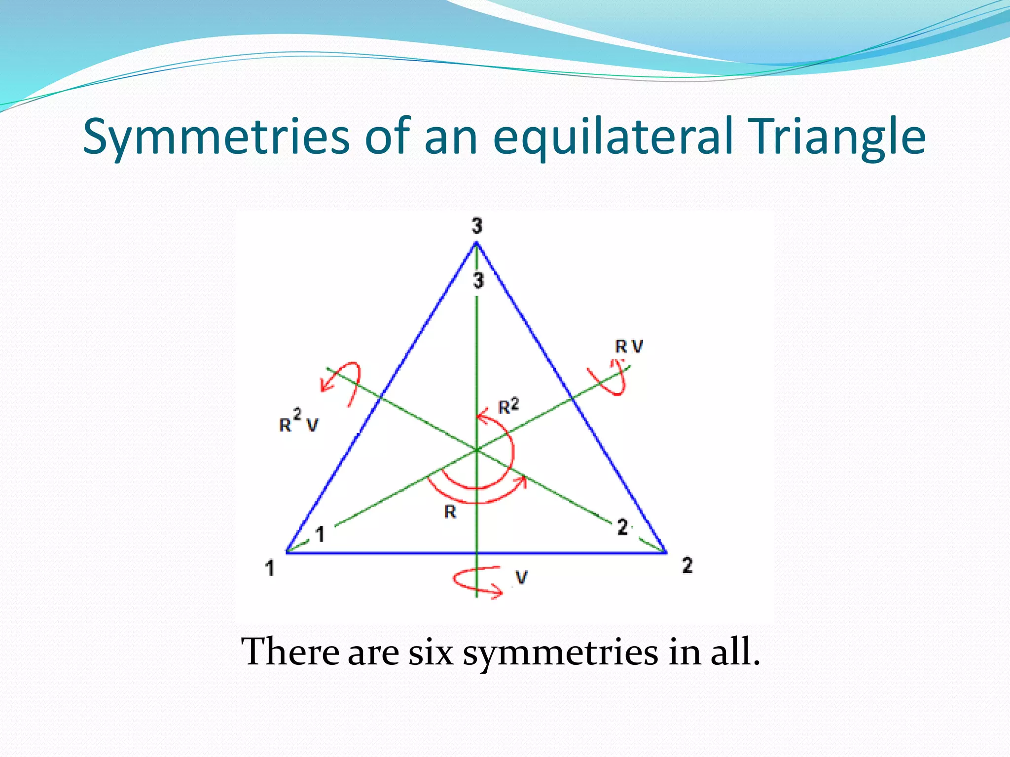 Symmetries of an equilateral Triangle
There are six symmetries in all.
 