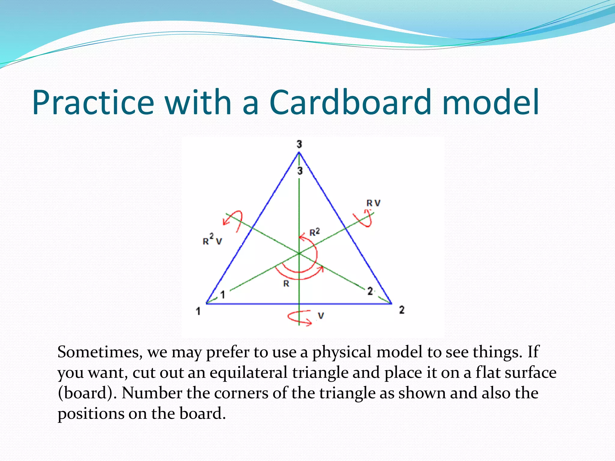 Practice with a Cardboard model
Sometimes, we may prefer to use a physical model to see things. If
you want, cut out an equilateral triangle and place it on a flat surface
(board). Number the corners of the triangle as shown and also the
positions on the board.
 