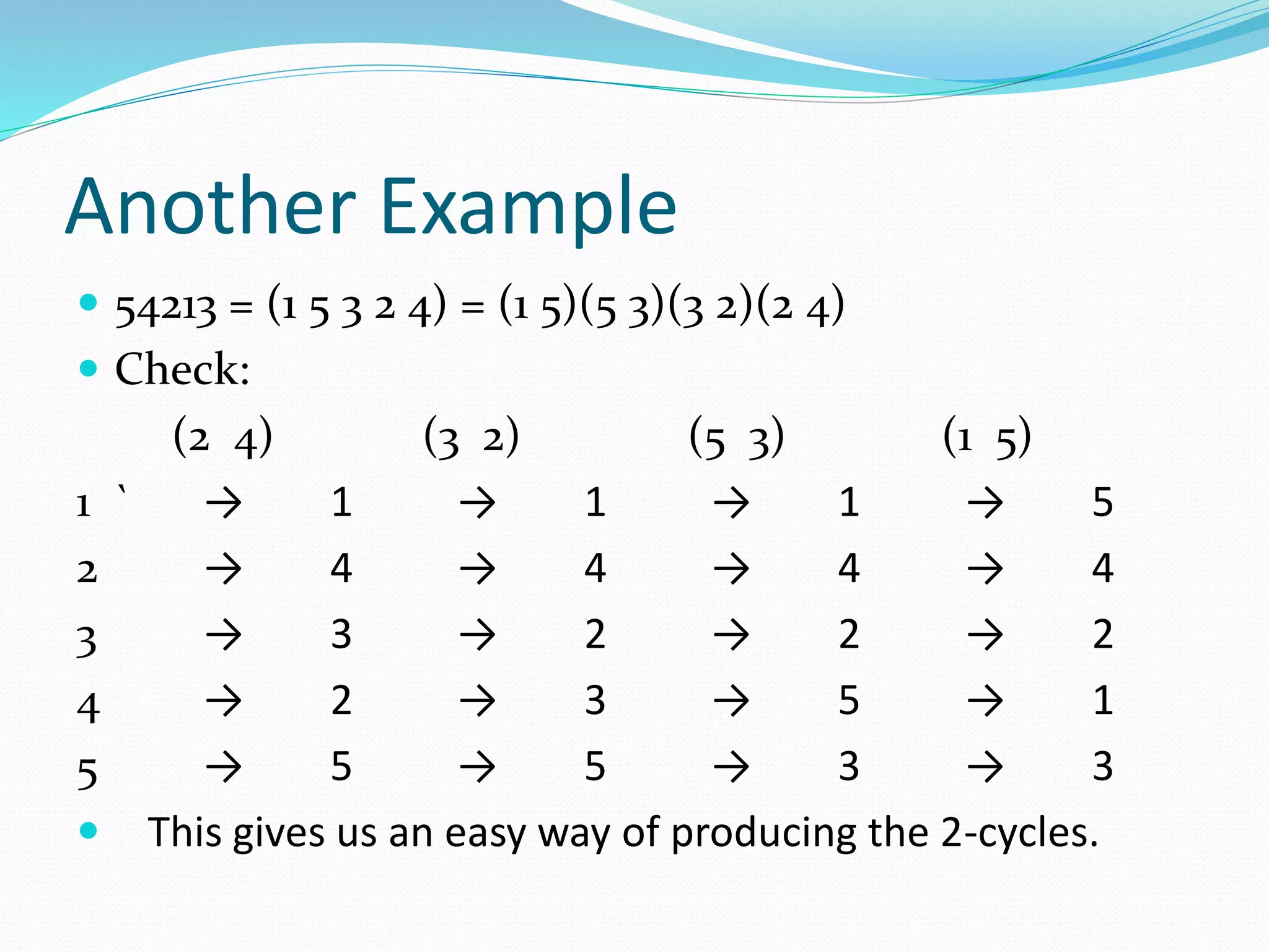 Another Example
 54213 = (1 5 3 2 4) = (1 5)(5 3)(3 2)(2 4)
 Check:
(2 4) (3 2) (5 3) (1 5)
1 ` → 1 → 1 → 1 → 5
2 → 4 → 4 → 4 → 4
3 → 3 → 2 → 2 → 2
4 → 2 → 3 → 5 → 1
5 → 5 → 5 → 3 → 3
 This gives us an easy way of producing the 2-cycles.
 