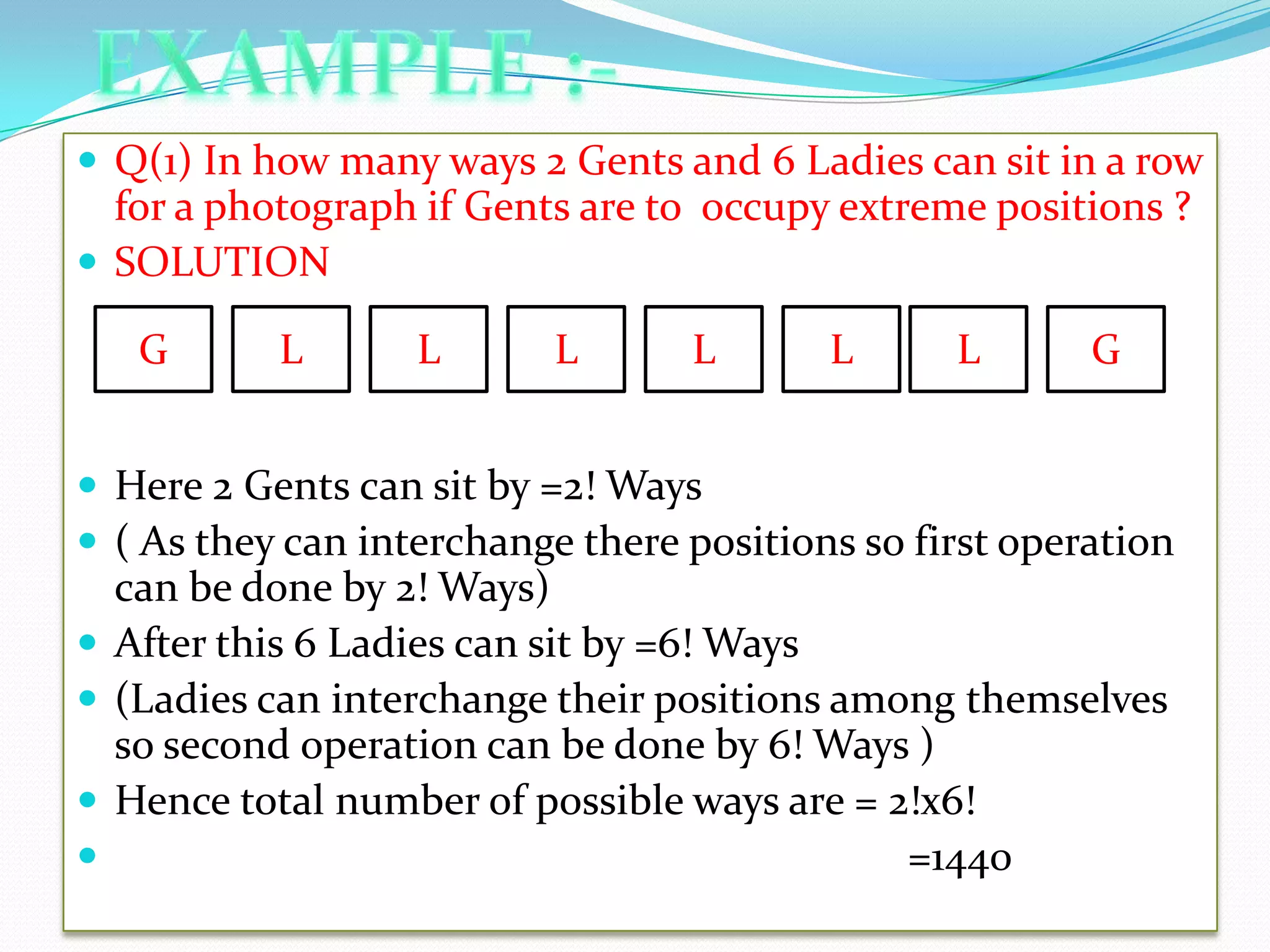  Q(1) In how many ways 2 Gents and 6 Ladies can sit in a row
  for a photograph if Gents are to occupy extreme positions ?
 SOLUTION

     G      L       L      L      L       L      L       G


 Here 2 Gents can sit by =2! Ways
 ( As they can interchange there positions so first operation
    can be done by 2! Ways)
   After this 6 Ladies can sit by =6! Ways
   (Ladies can interchange their positions among themselves
    so second operation can be done by 6! Ways )
   Hence total number of possible ways are = 2!x6!
                                              =1440
 