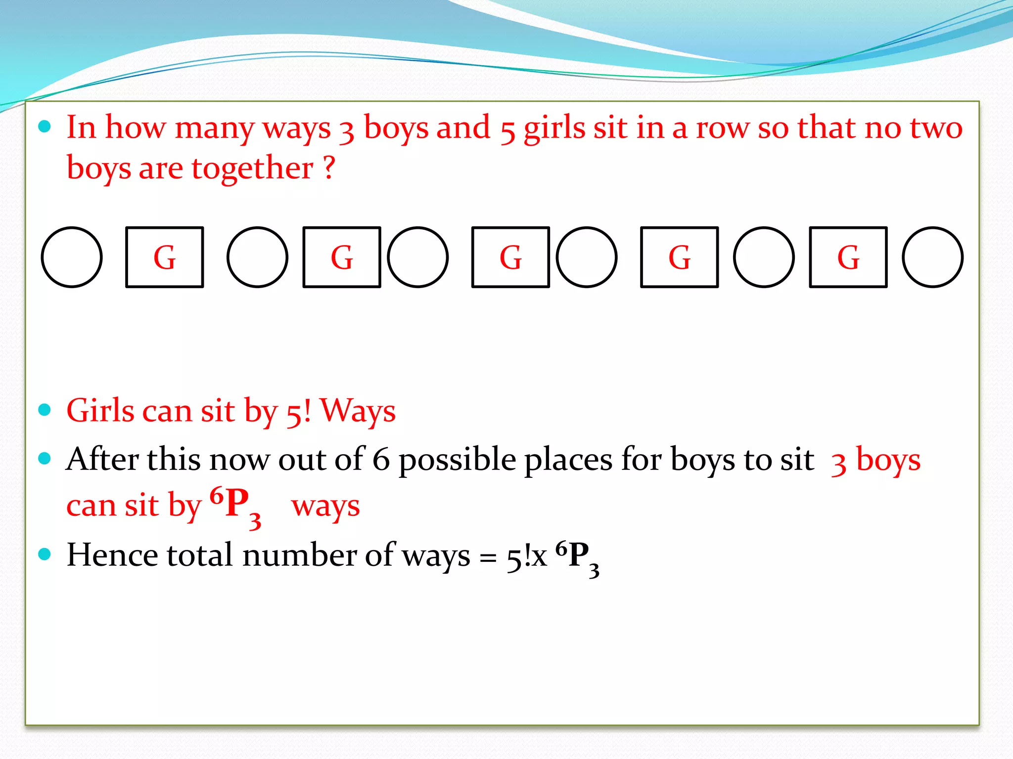  In how many ways 3 boys and 5 girls sit in a row so that no two
  boys are together ?

        G            G           G           G           G



 Girls can sit by 5! Ways
 After this now out of 6 possible places for boys to sit 3 boys
  can sit by 6P3 ways
 Hence total number of ways = 5!x 6P3
 