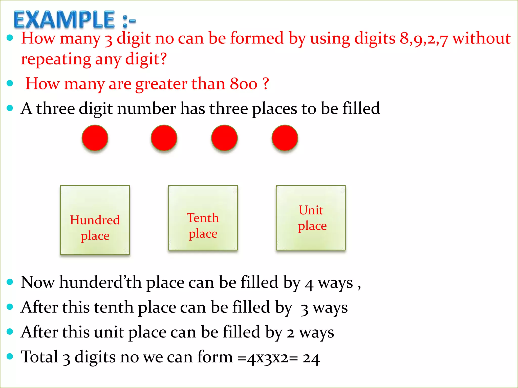  How many 3 digit no can be formed by using digits 8,9,2,7 without
  repeating any digit?
 How many are greater than 800 ?
 A three digit number has three places to be filled




                                         Unit
         Hundred         Tenth
                                         place
          place          place


 Now hunderd’th place can be filled by 4 ways ,
 After this tenth place can be filled by 3 ways
 After this unit place can be filled by 2 ways
 Total 3 digits no we can form =4x3x2= 24
 