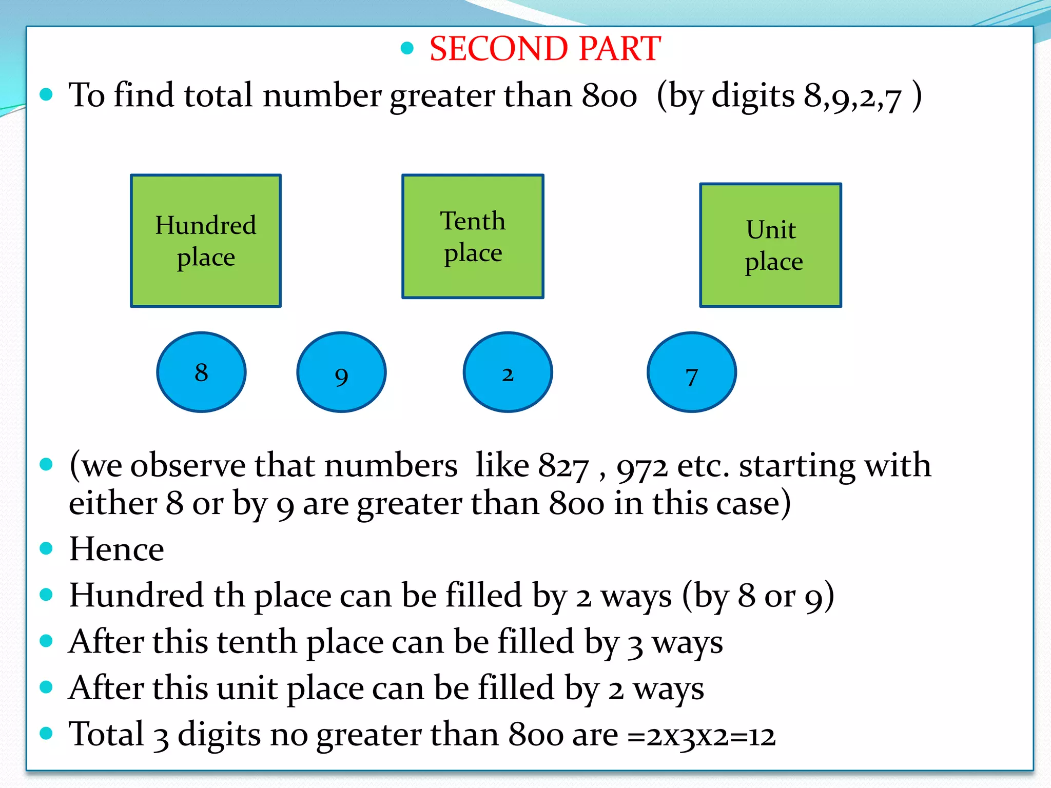  SECOND PART
 To find total number greater than 800 (by digits 8,9,2,7 )


         Hundred             Tenth               Unit
          place              place               place



            8         9          2           7


 (we observe that numbers like 827 , 972 etc. starting with
    either 8 or by 9 are greater than 800 in this case)
   Hence
   Hundred th place can be filled by 2 ways (by 8 or 9)
   After this tenth place can be filled by 3 ways
   After this unit place can be filled by 2 ways
   Total 3 digits no greater than 800 are =2x3x2=12
 