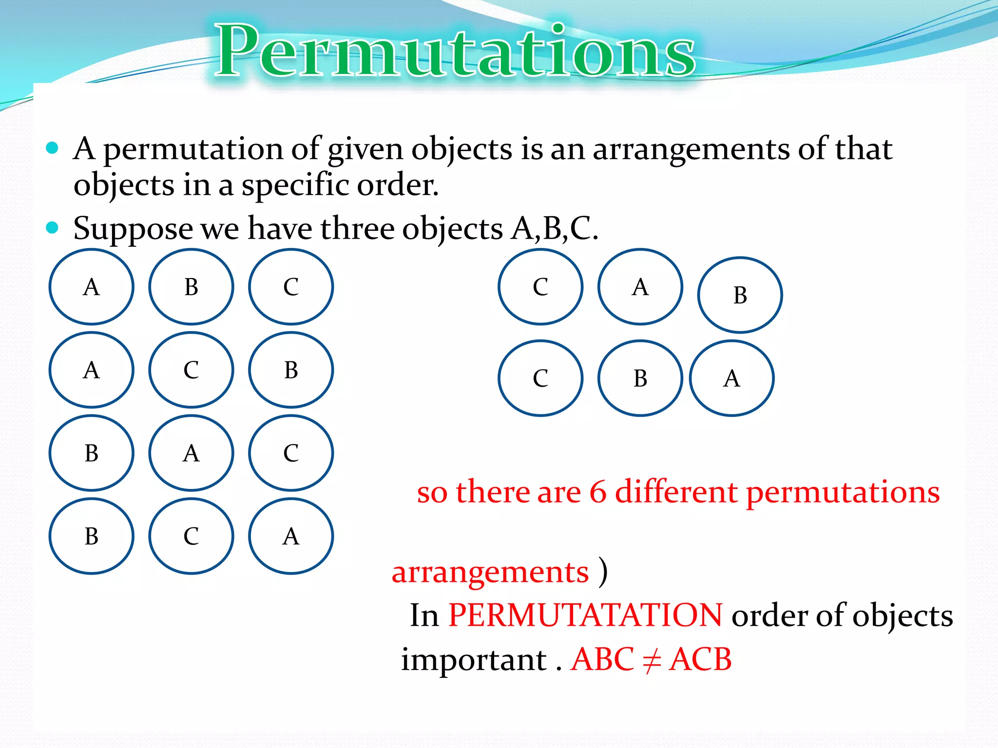 A permutation of given objects is an arrangements of that
  objects in a specific order.
 Suppose we have three objects A,B,C.
  A      B      C                C       A     B


  A      C      B                C       B     A


  B      A      C
                         so there are 6 different permutations
  (or
   B     C      A
                        arrangements )
                          In PERMUTATATION order of objects
                         important . ABC ≠ ACB
 