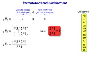Permutations and Combinations 4  X  3 SM ST SJ MT MJ MS TS TM TJ JS JM JT Outcomes ways to choose first employee ways to choose second employee X Note: 