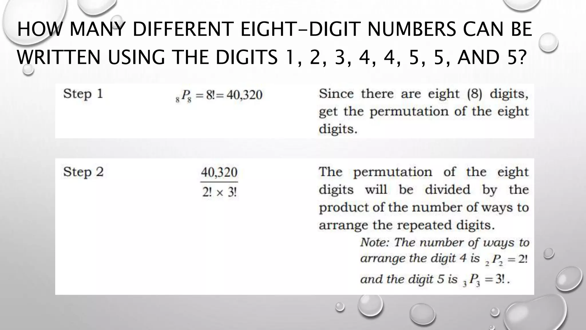 HOW MANY DIFFERENT EIGHT-DIGIT NUMBERS CAN BE
WRITTEN USING THE DIGITS 1, 2, 3, 4, 4, 5, 5, AND 5?
 