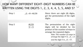 HOW MANY DIFFERENT EIGHT-DIGIT NUMBERS CAN BE
WRITTEN USING THE DIGITS 1, 2, 3, 4, 4, 5, 5, AND 5?
 