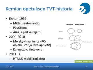 Kemian opetuksen TVT-historia
• Ennen 1999
– Mittausautomaatio
– Pöytäkone
– Aika ja paikka rajattu

• 2000-2010
– Molekyylimallinnus (PCohjelmistot ja Java-appletit)
– Kannettava tietokone

• 2011 
– HTML5-mobiiliratkaisut
Pernaa & Aksela, 2013
12.11.2013

Mistä on hyvä e-oppimateriaali tehty?

24

 