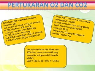 Jika volume darah ada 5 liter, atau
5000 liter, maka volume O2 yang
sampai ke jaringan sekali beredar
adalah:
5000 / 100 x 7 cc = 50 x 7 = 350 cc
 