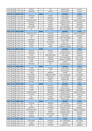 06.06   DOM   6ª    15;15       AMÉRICA          X           ÍBIS           ADEMIR CUNHA             PAULISTA
06.06   DOM   6ª    16:00      CARPINENSE        X         DECISÃO          PAULO PETRIBU            CARPINA
DATA    DIA   ROD   HORA                       JOGOS                           ESTÁDIO               LOCAL
13.06   DOM   7ª    16:00      PETROLINA         X         1º MAIO          PAULO COELHO            PETROLINA
13.06   DOM   7ª    16:00       CENTRO           X        BARREIROS          JOSÉ VAREDA            LIMOEIRO
13.06   DOM   7ª    15:15   FERROVIÁRIO CABO     X        FLAMENGO          GILENO DE CARLI     CABO STº AGOSTINHO
13.06   DOM   7ª    15:15      PESQUEIRA         X         OLINDA          JOAQUIM DE BRITO         PESQUEIRA
13.06   DOM   7ª    16:00      TIMBAÚBA          X         DECISÃO           FERREIRA LIMA          TIMBAÚBA
13.06   DOM   7ª    15:15     BELO JARDIM        X         AMÉRICA         SESC- MENDONÇÃO         BELO JARDIM
13.06   DOM   7ª    15:15         ÍBIS           X       CARPINENSE       JOSÉ P. DE ANDRADE         ITAMBÉ
DATA    DIA   ROD   HORA                       JOGOS                           ESTÁDIO               LOCAL
19.06   SAB   8ª    16:00   FERROVIÁRIO CABO     x        PETROLINA         GILENO DE CARLI     CABO STº AGOSTINHO
19.06   SAB   8ª    15:15       1º MAIO          X        PESQUEIRA         PAULO COELHO            PETROLINA
19.06   SAB   8ª    15:15         ÍBIS           X        BARREIROS       JOSÉ P. DE ANDRADE         ITAMBÉ
19.06   SAB   8ª    16:00      CARPINENSE        X        TIMBAÚBA          PAULO PETRIBU            CARPINA
19.06   SAB   8ª    15:15      FLAMENGO          X       BELO JARDIM           SESC - LER            BUIQUE
19.06   SAB   8ª    15:15       AMÉRICA          X         CENTRO           ADEMIR CUNHA             PAULISTA
19.06   SAB   8ª    16:00       DECISÃO          X         OLINDA         EWERSON S. BARBOSA       CHÃ GRANDE
DATA    DIA   ROD   HORA                       JOGOS                           ESTÁDIO               LOCAL
27.06   DOM   9ª    16:00      PETROLINA         x         AMÉRICA          PAULO COELHO            PETROLINA
27.06   DOM   9ª    15:15      BARREIROS         X         1º MAIO         LUIZ BRITO B. MELO       BARREIROS
27.06   DOM   9ª    16:00       CENTRO           X     FERROVIÁRIO CABO      JOSÉ VAREDA            LIMOEIRO
27.06   DOM   9ª    15:15     BELO JARDIM        X        TIMBAÚBA         SESC- MENDONÇÃO         BELO JARDIM
27.06   DOM   9ª    16:00       DECISÃO          X        FLAMENGO        EWERSON S. BARBOSA       CHÃ GRANDE
27.06   DOM   9ª    16:00       OLINDA           X       CARPINENSE            OLINDÃO               OLINDA
27.06   DOM   9ª    15:15      PESQUEIRA         X           ÍBIS          JOAQUIM DE BRITO         PESQUEIRA
DATA    DIA   ROD   HORA                       JOGOS                           ESTÁDIO               LOCAL
30.06   QUA   10ª   20:00       1º MAIO          X         DECISÃO          PAULO COELHO            PETROLINA
04.07   DOM   10ª   16:00      PETROLINA         x           ÍBIS           PAULO COELHO            PETROLINA
04.07   DOM   10ª   16:00        OLINDA          X        BARREIROS            OLINDÃO               OLINDA
04.07   DOM   10ª   15:15     BELO JARDIM        X     FERROVIÁRIO CABO   SESC - MENDONÇÃO         BELO JARDIM
04.07   DOM   10ª   16:00      CARPINENSE        X        PESQUEIRA         PAULO PETRIBU            CARPINA
04.07   DOM   10ª   16:00      TIMBAÚBA          X         AMÉRICA           FERREIRA LIMA          TIMBAÚBA
04.07   DOM   10ª   15:15      FLAMENGO          X         CENTRO              SESC - LER            BUIQUE

DATA    DIA   ROD   HORA                       JOGOS                           ESTÁDIO               LOCAL
11.07   DOM   11ª   16:00       CENTRO           x        PETROLINA          JOSÉ VAREDA            LIMOEIRO
11.07   DOM   11ª   16:00       1º MAIO          X       CARPINENSE         PAULO COELHO            PETROLINA
11.07   DOM   11ª   15:15       DECISÃO          X        BARREIROS       EWERSON S. BARBOSA       CHÃ GRANDE
11.07   DOM   11ª   16:00   FERROVIÁRIO CABO     X        TIMBAÚBA          GILENO DE CARLI     CABO STº AGOSTINHO
11.07   DOM   11ª   15:15      PESQUEIRA         X       BELO JARDIM       JOAQUIM DE BRITO         PESQUEIRA
11.07   DOM   11ª   15:15         ÍBIS           X         OLINDA         JOSÉ P. DE ANDRADE         ITAMBÉ
11.07   DOM   11ª   15:15       AMÉRICA          X        FLAMENGO          ADEMIR CUNHA             PAULISTA
DATA    DIA   ROD   HORA                       JOGOS                           ESTÁDIO               LOCAL
18.07   DOM   12ª   16:00      PETROLINA         x        TIMBAÚBA          PAULO COELHO            PETROLINA
18.07   DOM   12ª   15:15         ÍBIS           X         1º MAIO        JOSÉ P. DE ANDRADE         ITAMBÉ
18.07   DOM   12ª   15:15      BARREIROS         X       CARPINENSE        LUIZ BRITO B. MELO       BARREIROS
18.07   DOM   12ª   16:00   FERROVIÁRIO CABO     X         DECISÃO          GILENO DE CARLI     CABO STº AGOSTINHO
18.07   DOM   12ª   15:15      PESQUEIRA         X         AMÉRICA         JOAQUIM DE BRITO         PESQUEIRA
18.07   DOM   12ª   16:00       CENTRO           X       BELO JARDIM         JOSÉ VAREDA            LIMOEIRO
18.07   DOM   12ª   15:15      FLAMENGO          X         OLINDA              SESC - LER            BUIQUE
DATA    DIA   ROD   HORA                       JOGOS                            ESTÁDIO               LOCAL
25.07   DOM   13ª   15:15     BELO JARDIM        x        PETROLINA       SESC - MENDONÇÃO         BELO JARDIM
25.07   DOM   13ª   15:15        OLINDA          X         1º MAIO             OLINDÃO               OLINDA
25.07   DOM   13ª   15:15      BARREIROS         X        PESQUEIRA        LUIZ BRITO B. MELO       BARREIROS
 