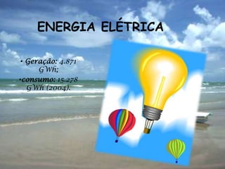 ENERGIA ELÉTRICA

 • Geração: 4.871
      GWh;
•consumo: 15.278
   GWh (2004).
 