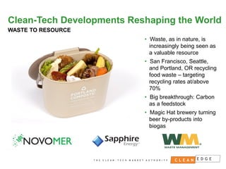 Clean-Tech Developments Reshaping the World
WASTE TO RESOURCE
• Waste, as in nature, is
increasingly being seen as
a valuable resource
• San Francisco, Seattle,
and Portland, OR recycling
food waste – targeting
recycling rates at/above
70%
• Big breakthrough: Carbon
as a feedstock
• Magic Hat brewery turning
beer by-products into
biogas

CONFIDENTIAL
NOT FOR DISTRIBUTION

 