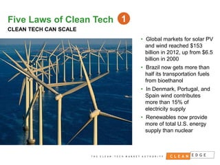 Five Laws of Clean Tech 1
CLEAN TECH CAN SCALE
• Global markets for solar PV
and wind reached $153
billion in 2012, up from $6.5
billion in 2000
• Brazil now gets more than
half its transportation fuels
from bioethanol
• In Denmark, Portugal, and
Spain wind contributes
more than 15% of
electricity supply
• Renewables now provide
more of total U.S. energy
supply than nuclear

CONFIDENTIAL
NOT FOR DISTRIBUTION

 