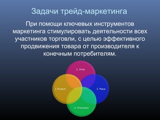 При помощи ключевых инструментов
маркетинга стимулировать деятельности всех
участников торговли, с целью эффективного
продвижения товара от производителя к
конечным потребителям.
Задачи трейд-маркетинга
 