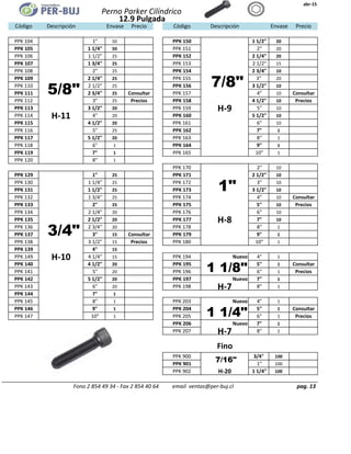 abr-15
Código Descripción Envase Precio Código Descripción Envase Precio
PPK 104 1" 50 PPK 150 1 1/2" 20
PPK 105 1 1/4" 50 PPK 151 2" 20
PPK 106 1 1/2" 25 PPK 152 2 1/4" 20
PPK 107 1 3/4" 25 PPK 153 2 1/2" 15
PPK 108 2" 25 PPK 154 2 3/4" 10
PPK 109 2 1/4" 25 PPK 155 3" 20
PPK 110 2 1/2" 25 PPK 156 3 1/2" 10
PPK 111 2 3/4" 25 Consultar PPK 157 4" 10 Consultar
PPK 112 3" 25 Precios PPK 158 4 1/2" 10 Precios
PPK 113 3 1/2" 20 PPK 159 H-9 5" 10
PPK 114 H-11 4" 20 PPK 160 5 1/2" 10
PPK 115 4 1/2" 20 PPK 161 6" 10
PPK 116 5" 25 PPK 162 7" 1
PPK 117 5 1/2" 20 PPK 163 8" 1
PPK 118 6" 1 PPK 164 9" 1
PPK 119 7" 1 PPK 165 10" 1
PPK 120 8" 1
PPK 170 2" 10
PPK 129 1" 25 PPK 171 2 1/2" 10
PPK 130 1 1/4" 25 PPK 172 3" 10
PPK 131 1 1/2" 25 PPK 173 3 1/2" 10
PPK 132 1 3/4" 25 PPK 174 4" 10 Consultar
PPK 133 2" 25 PPK 175 5" 10 Precios
PPK 134 2 1/4" 20 PPK 176 6" 10
PPK 135 2 1/2" 20 PPK 177 H-8 7" 10
PPK 136 2 3/4" 20 PPK 178 8" 1
PPK 137 3" 15 Consultar PPK 179 9" 1
PPK 138 3 1/2" 15 Precios PPK 180 10" 1
PPK 139 4" 15
PPK 149 H-10 4 1/4" 15 PPK 194 Nuevo 4" 1
PPK 140 4 1/2" 20 PPK 195 5" 1 Consultar
PPK 141 5" 20 PPK 196 6" 1 Precios
PPK 142 5 1/2" 20 PPK 197 Nuevo 7" 1
PPK 143 6" 20 PPK 198 H-7 8" 1
PPK 144 7" 1
PPK 145 8" 1 PPK 203 Nuevo 4" 1
PPK 146 9" 1 PPK 204 5" 1 Consultar
PPK 147 10" 1 PPK 205 6" 1 Precios
PPK 206 Nuevo 7" 1
PPK 207 H-7 8" 1
Fino
PPK 900 3/4" 100
PPK 901 1" 100
PPK 902 H-20 1 1/4" 100
pag. 13Fono 2 854 49 34 - Fax 2 854 40 64 email ventas@per-buj.cl
1"
3/4"
1 1/8"
1 1/4"
7/16"
Perno Parker Cilíndrico
12.9 Pulgada
7/8"5/8"
 