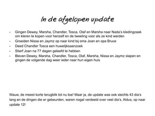 In de afgelopen update
-   Gingen Dewey, Marsha, Chandler, Tosca, Olaf en Marsha naar Nada’s kledingzaak
    om kleren te kopen voor henzelf en de tweeling voor als ze kind werden
-   Groeiden Nissa en Jaymz op naar kind bij oma Joan en opa Bruce
-   Deed Chandler Tosca een huwelijksaanzoek
-   Stierf Joan na 77 dagen geleefd te hebben
-   Bleven Dewey, Marsha, Chandler, Tosca, Olaf, Marsha, Nissa en Jaymz slapen en
    gingen de volgende dag weer ieder naar hun eigen huis




Wauw, de meest korte terugblik tot nu toe! Maar ja, de update was ook slechts 43 dia’s
lang en de dingen die er gebeurden, waren nogal verdeeld over veel dia’s. Aldus, op naar
update 12!
 
