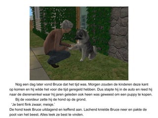 Nog een dag later vond Bruce dat het tijd was. Morgen zouden de kinderen deze kant
op komen en hij wilde het voor die tijd geregeld hebben. Dus stapte hij in de auto en reed hij
naar de dierenwinkel waar hij jaren geleden ook heen was geweest om een puppy te kopen.
    Bij de voordeur zette hij de hond op de grond.
 ‘Je bent flink zwaar, meisje.’
De hond keek Bruce uitdagend en keffend aan. Lachend knielde Bruce neer en pakte de
poot van het beest. Alles leek ze best te vinden.
 