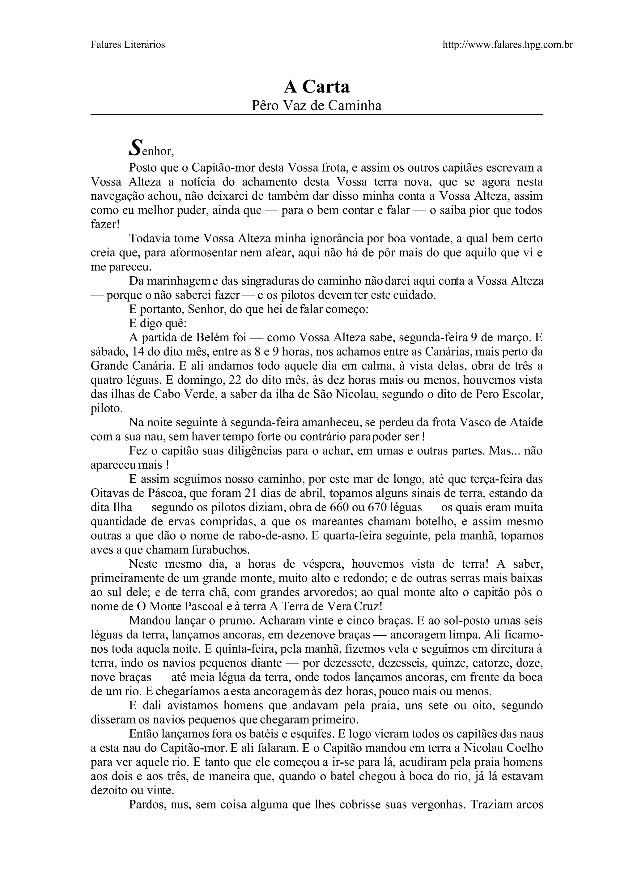 Pero Vaz De Caminha A Carta