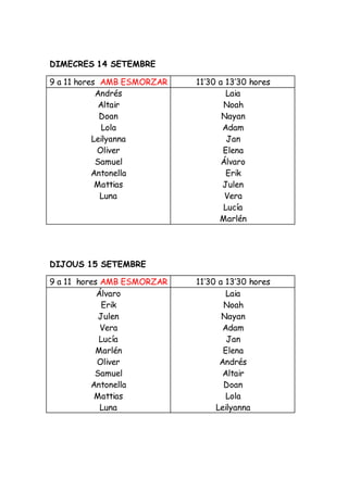 DIMECRES 14 SETEMBRE
9 a 11 hores AMB ESMORZAR 11’30 a 13’30 hores
Andrés
Altair
Doan
Lola
Leilyanna
Oliver
Samuel
Antonel...