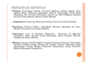 PRINCIPAIS ARTISTAS
•Pintura: Caravaggio (Itália), Giovanni Baglione (Itália), Mattia Preti
(Itália), Diego Velásquez (Espanha), Rubens (Alemanha), Frans Hals
(Holanda), Jan Vermeer (Holanda), Antoon van Dyck (Bélgica), Manuel
de Jesus Pinto (Brasil), Mestre Ataíde (Brasil).
• Arquitetura: Francesco Borromini (Itália), Pietro de Cortona (Itália).
•Escultura: Bernini (Itália), Aleijadinho (Brasil), Agostinho de Jesus
(Brasil), Francisco das Chagas (Brasil).
• : Luis de Góngora (Espanha), Francisco de Quevedo
•Literatura: Luis de Góngora (Espanha), Francisco de Quevedo
(Espanha), Padre Antônio Vieira (Portugal), Bento Teixeira (Brasil),
Gregório de Matos (Brasil).
•Música: Antonio Vivaldi (Itália), François Couperin (França), Alessandro
Scarlatti (Itália),Claudio Monteverdi (Itália), Johann Sebastian Bach
(Alemanha), George Philipp Telemann (Alemanha), Georg Friedrich
Händel (Alemanha/ Inglaterra).
 