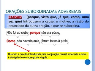 ORAÇÕES SUBORDINADAS ADVERBIAIS Não foi ao clube Como  não   haveria aula, porque  não era sócio. foram todos à praia. Quando a oração introduzida pela conjunção causal antecede a outra, é obrigatório o emprego de vírgula. CAUSAIS   – ( porque, visto que, já que, como, uma vez que ) Introduzem a causa, o motivo, a razão do enunciado da outra oração, a que se subordina. 