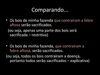 Comparando... 
• Os bois de minha fazenda que contraíram a febre 
aftosa serão sacrificados. 
(ou seja, apenas uma parte dos bois será 
sacrificada – restritiva) 
• Os bois de minha fazenda, que contraíram a 
febre aftosa, serão sacrificados. 
(ou seja, todos os bois contraíram a doença, 
portanto todos serão sacrificados – explicativa) 
 