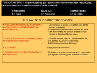 TOTALITARISMO = Régimen político que, además de eliminar libertades individuales,
pretende controlar todos los aspectos de la sociedad.

FASCISMO
En Italia

NAZISMO
En Alemania

COMUNISMO
En la URSS

ALGUNAS DE SUS CARACTERÍSTICAS SON:
* PRIMA LO IRRACIONAL, EL FANATISMO,
LA VIOLENCIA, EL DOGMATISMO Y LA
INTOLERANCIA.

La violencia y la guerra son válidos para conseguir sus propósitos.
El dogmatismo les hace estar siempre en posesión de la verdad, no aceptan críticas ni sugerencias ni discusión libre de ideas.

* CREACIÓN DE GRUPOS PARAMILITARES
UNIFORMADOS Y ARMADOS

S´quadre dázione,Fasci di Combattimento, SA,
SS, Balillas, Juventudes Hitlerianas.
Estética del antiguo Imp. Romano.

* AUTARQUÍA
* CONTROL DE CULTURA, EDUCACIÓN Y
PROPAGANDA

Autosuficiencia económica
Profesorado, medios de comunicación controlados
por régimen (censura) para extender sus ideas.

 
