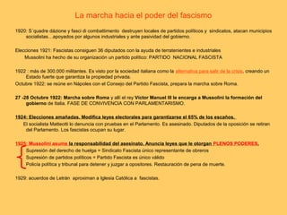 La marcha hacia el poder del fascismo
1920: S´quadre dázione y fasci di combattimento destruyen locales de partidos políticos y sindicatos, atacan municipios
socialistas…apoyados por algunos industriales y ante pasividad del gobierno.
Elecciones 1921: Fascistas consiguen 36 diputados con la ayuda de terratenientes e industriales
Mussolini ha hecho de su organización un partido político: PARTIDO NACIONAL FASCISTA
1922 : más de 300.000 militantes. Es visto por la sociedad italiana como la alternativa para salir de la crisis, creando un
Estado fuerte que garantiza la propiedad privada.
Octubre 1922: se reúne en Nápoles con el Consejo del Partido Fascista, prepara la marcha sobre Roma.
27 -28 Octubre 1922: Marcha sobre Roma y allí el rey Víctor Manuel III le encarga a Mussolini la formación del
gobierno de Italia. FASE DE CONVIVENCIA CON PARLAMENTARISMO.
1924: Elecciones amañadas. Modifica leyes electorales para garantizarse el 65% de los escaños.
El socialista Matteotti lo denuncia con pruebas en el Parlamento. Es asesinado. Diputados de la oposición se retiran
del Parlamento. Los fascistas ocupan su lugar.
1925: Mussolini asume la responsabilidad del asesinato. Anuncia leyes que le otorgan PLENOS PODERES.
Supresión del derecho de huelga = Sindicato Fascista único representante de obreros
Supresión de partidos políticos = Partido Fascista es único válido
Policía política y tribunal para detener y juzgar a opositores. Restauración de pena de muerte.
1929: acuerdos de Letrán aproximan a Iglesia Católica a fascistas.

 