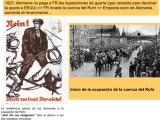 1923: Alemania no paga a FR las reparaciones de guerra (que necesita para devolver
la ayuda a EEUU) => FR invade la cuenca del Ruhr => Empeora econ de Alemania,
aumenta el revanchismo…

Inicio de la ocupación de la cuenca del Ruhr

 