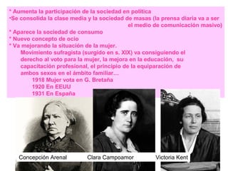 * Aumenta la participación de la sociedad en política
•Se consolida la clase media y la sociedad de masas (la prensa diaria va a ser
el medio de comunicación masivo)
* Aparece la sociedad de consumo
* Nuevo concepto de ocio
* Va mejorando la situación de la mujer.
Movimiento sufragista (surgido en s. XIX) va consiguiendo el
derecho al voto para la mujer, la mejora en la educación, su
capacitación profesional, el principio de la equiparación de
ambos sexos en el ámbito familiar…
1918 Mujer vota en G. Bretaña
1920 En EEUU
1931 En España

Concepción Arenal

Clara Campoamor

Victoria Kent

 