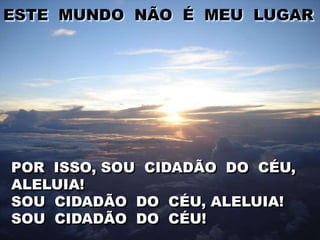ESTE MUNDO NÃO É MEU LUGAR




POR ISSO, SOU CIDADÃO DO CÉU,
ALELUIA!
SOU CIDADÃO DO CÉU, ALELUIA!
SOU CIDADÃO DO CÉU!
 
