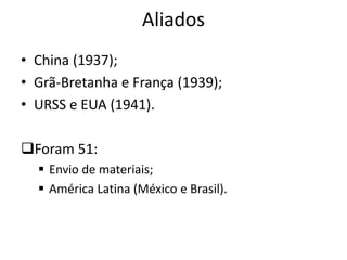 Aliados
• China (1937);
• Grã-Bretanha e França (1939);
• URSS e EUA (1941).
Foram 51:
 Envio de materiais;
 América Latina (México e Brasil).
 