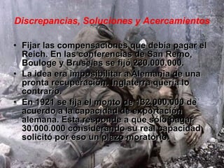 Discrepancias, Soluciones y Acercamientos Fijar las compensaciones que debía pagar el Reich. En las conferencias de San Remo, Bouloge y Bruselas se fijó 230.000.000. La idea era imposibilitar a Alemania de una pronta recuperación. Inglaterra quería lo contrario. En 1921 se fija el monto de 132.000.000 de acuerdo a la capacidad de exportación alemana. Esta responde a que sólo pagar 30.000.000 considerando su real capacidad solicitó por eso un plazo moratorio. 