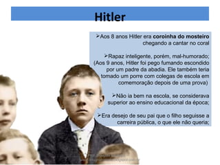  Quando adulto - tornou vegetariano e
contrário ao consumo de álcool e
cigarro.)
 19 anos - partiu para Viena;
 1907 - academia das artes de Viena;
Hitler
Adolf Hitler jovem
Foto de 1920
Prof. Douglas Barraqui
www.dougnahistoria.blogspot.com.br
 