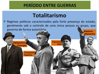 DE DIREITA
 Base Capitalista;
 Defesa da Propriedade privada;
 Corporativismo nas relações de
trabalho e controle do Estado
sobre os sindicatos;
 Apoio da religião ou seu controle;
DE ESQUERDA
 Base socialista;
 Fim da propriedade privada;
 Coletivização obrigatória dos
meios de produção agrícola e
industrial;
 Supressão da religião
PERÍODO ENTRE GUERRAS
TOTALITARISM
O
Prof. Douglas Barraqui
www.dougnahistoria.blogspot.com.br
 