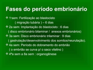 Fases do período embrionário
 1a
sem: Fertilização ao blastocisto
( migração tubária ) – 6 dias
 2a sem: Implantação do blastocisto : 6 dias
( disco embrionário bilaminar / anexos embrionários)
 3a sem: Disco embrionário trilaminar : 9 dias
( gastrulação/desenvolvimento dos somitos/neurulação).
 4a sem: Período do dobramento do embrião
( o embrião se curva p/ o saco vitelino )
 4ªa sem a 8a sem : organogênese
 