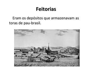 FeitoriasFeitorias
Eram os depósitos que armazenavam as
toras de pau-brasil.
 
