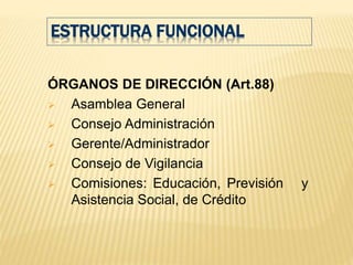ESTRUCTURA FUNCIONAL
ÓRGANOS DE DIRECCIÓN (Art.88)
 Asamblea General
 Consejo Administración
 Gerente/Administrador
 Consejo de Vigilancia
 Comisiones: Educación, Previsión y
Asistencia Social, de Crédito
 