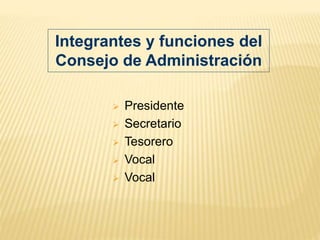  Presidente
 Secretario
 Tesorero
 Vocal
 Vocal
Integrantes y funciones del
Consejo de Administración
 