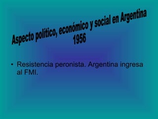 Resistencia peronista. Argentina ingresa al FMI.  Aspecto político, económico y social en Argentina 1956 