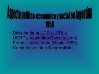 División de la UCR (UCRI y UCRP). Asamblea Constituyente, Frondizi presidente (Hasta 1963). Comienza el plan Desarrollista  Aspecto político, económico y social en Argentina 1956 